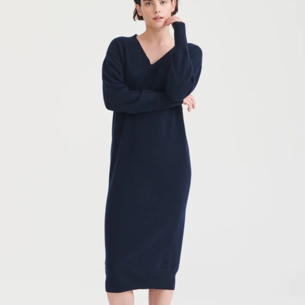NADAAM 100% Cashmere Signature Long Navy V-Neck Dress Size 1X NWT